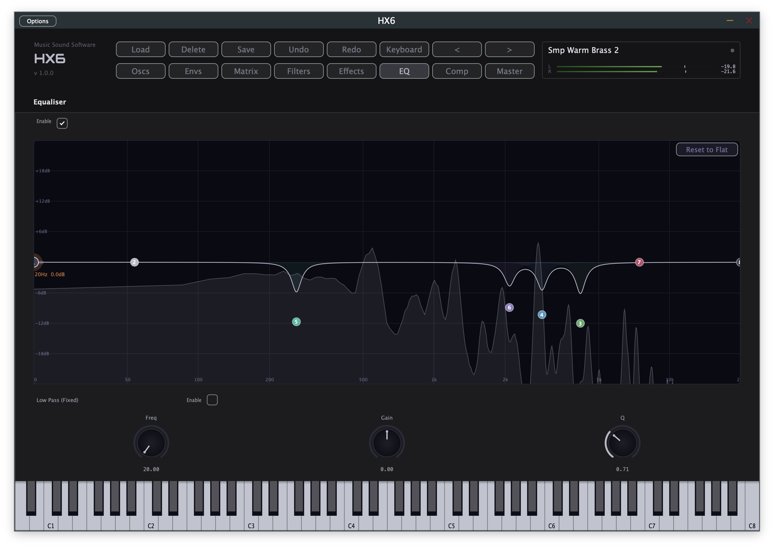 HX6 EQ page with several active bands and live spectrum overlay