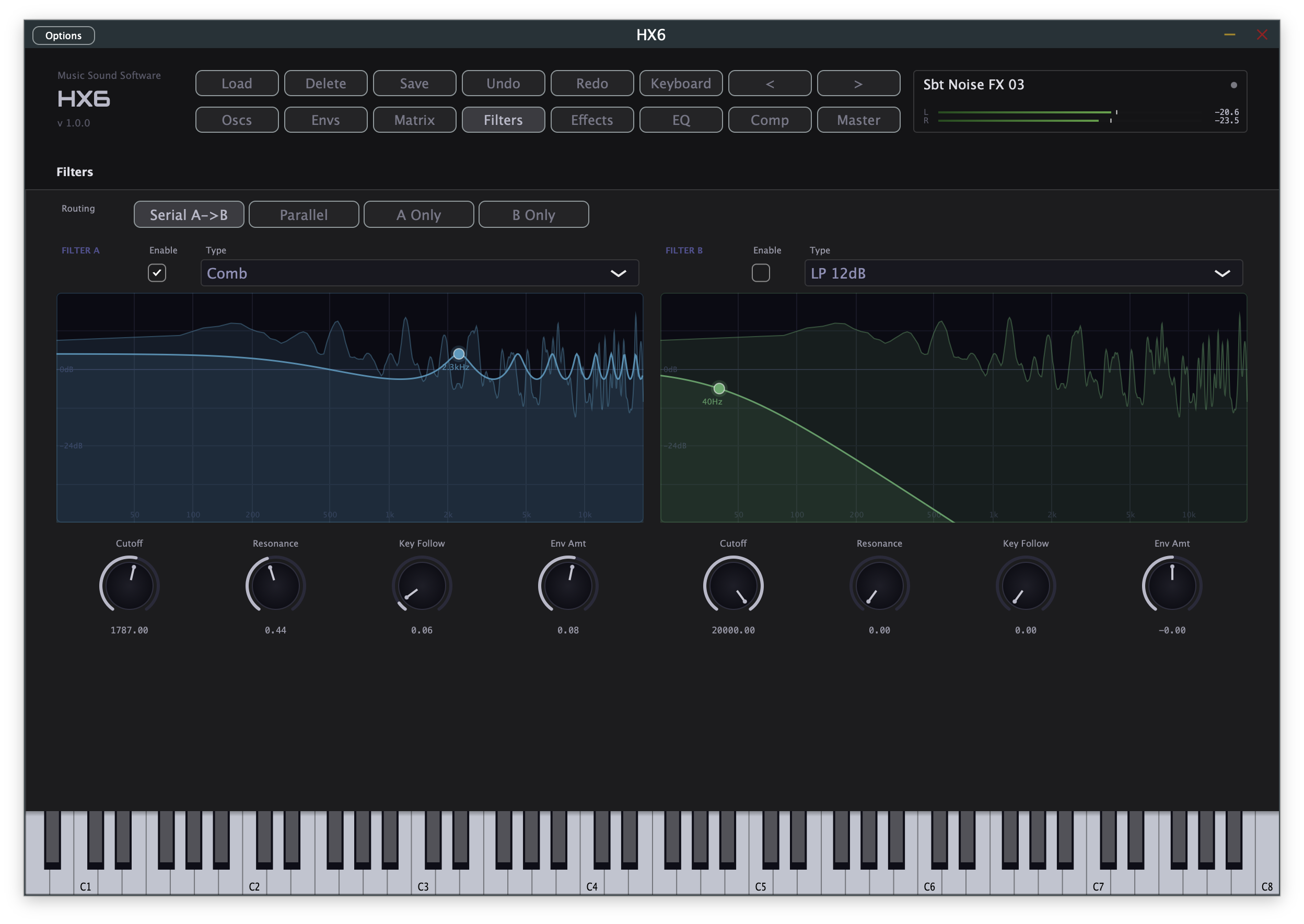 HX6 Filters page showing live spectrum overlay