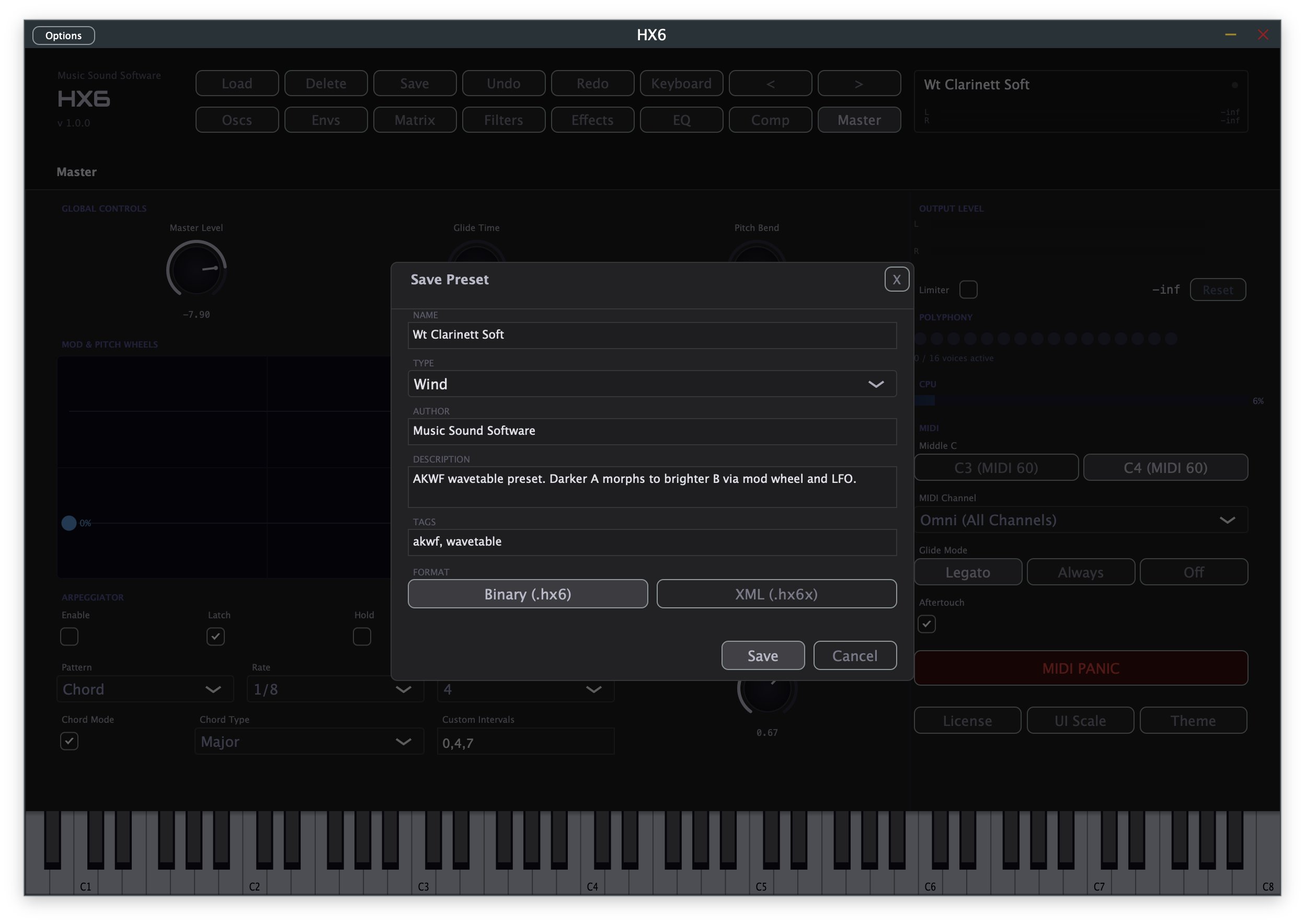 HX6 Save Preset dialog