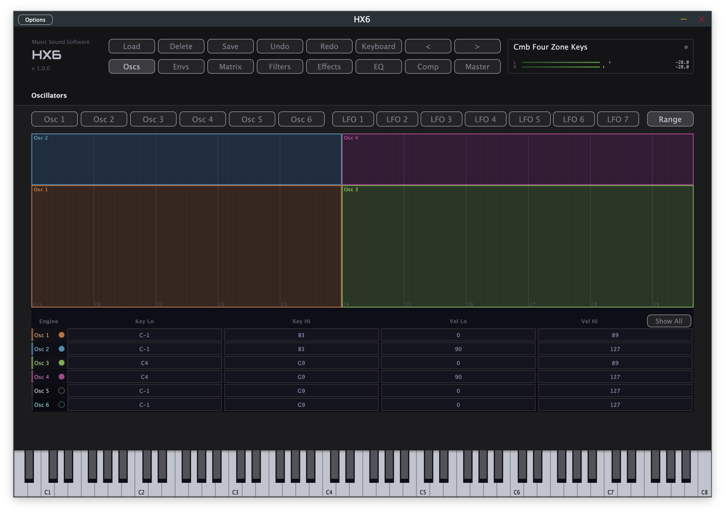 HX6 Range editor — key and velocity zones