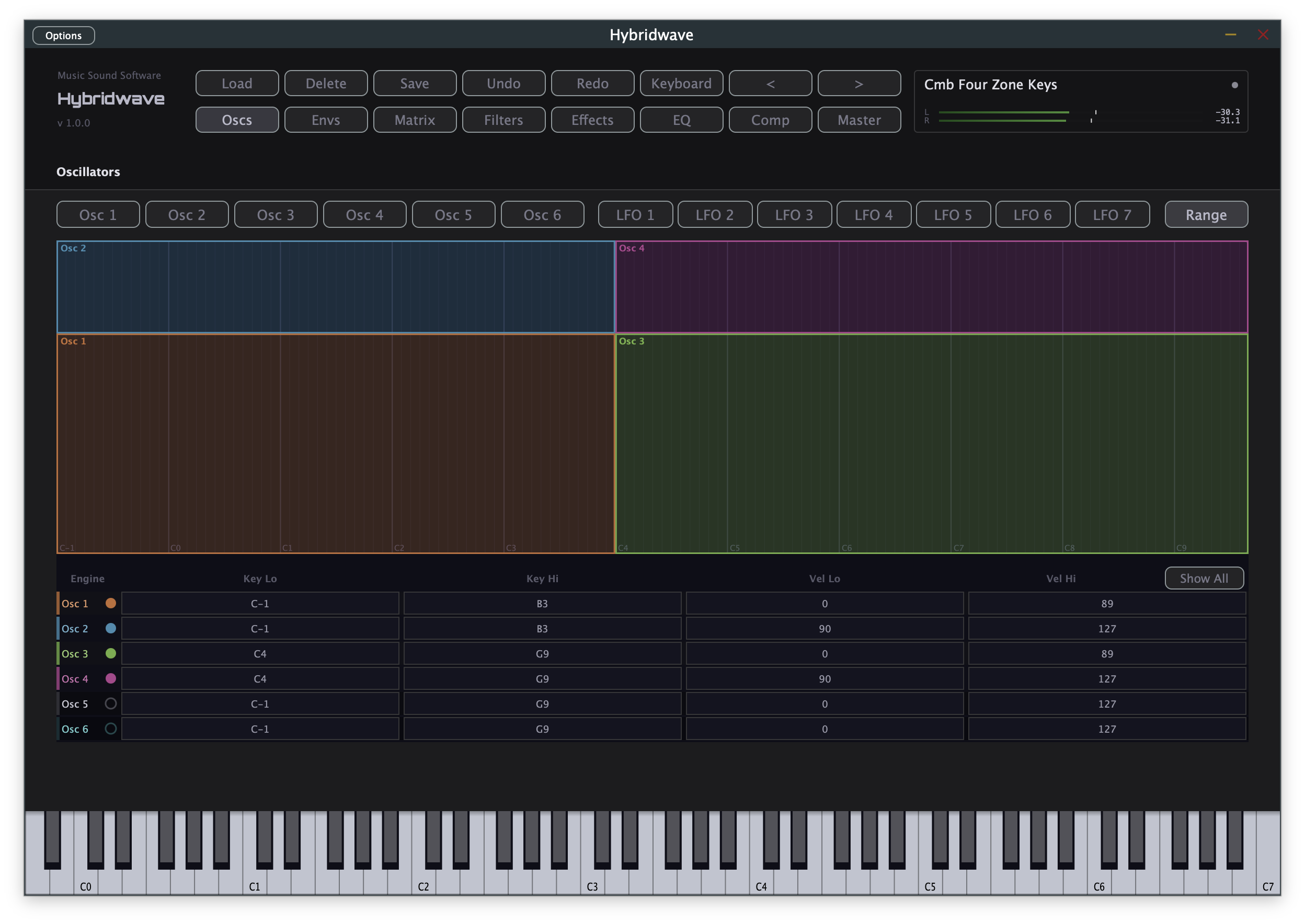 Hybridwave key and velocity zone editor