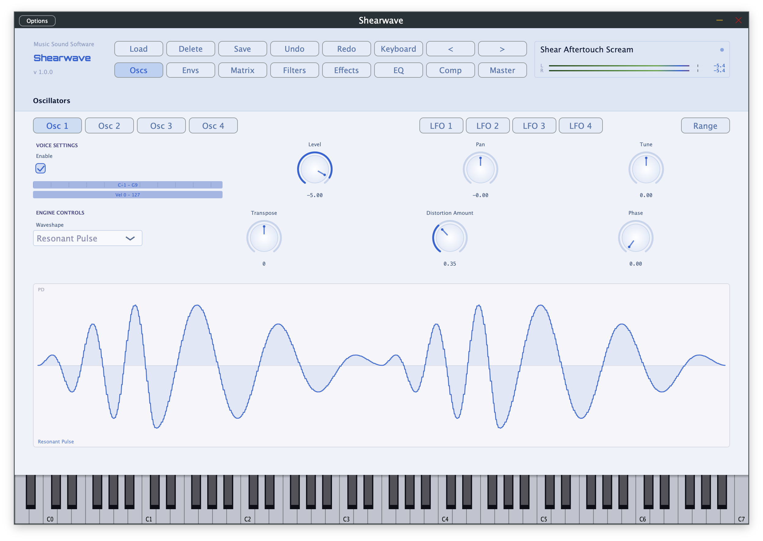 Shearwave phase distortion oscillator panel